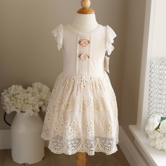 Haute Baby Ivory Peach Blush Cotton Embroidered Lace Dress Size 4 NWT - Picture 3 of 11